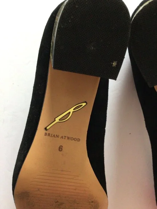 B. Brian Atwood Black Suede Point Toe Pumps. Gold Caged Block heels. Size 6 - Picture 6 of 7